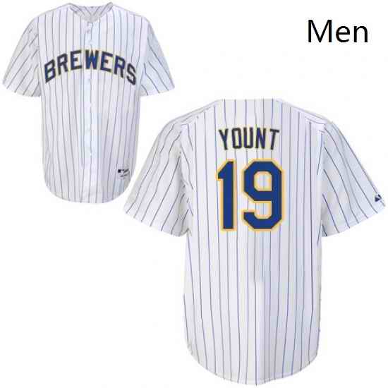 Mens Majestic Milwaukee Brewers 19 Robin Yount Authentic White blue strip MLB Jersey